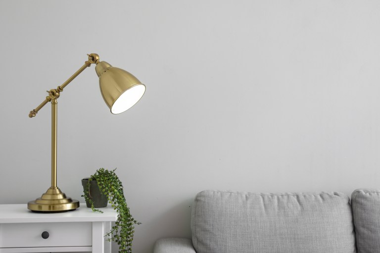 A polished brass articulating desk lamp on a white bedside table beside a trailing plant, with a soft gray sofa in the background.