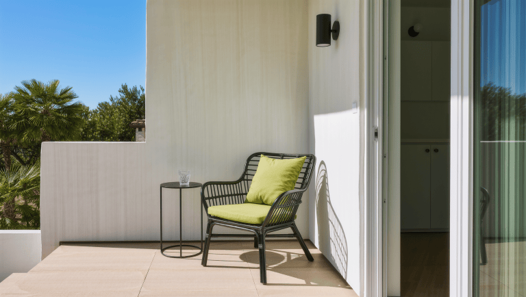 A black-framed rattan chair with a celery cushion on a pale plaster patio corner.
