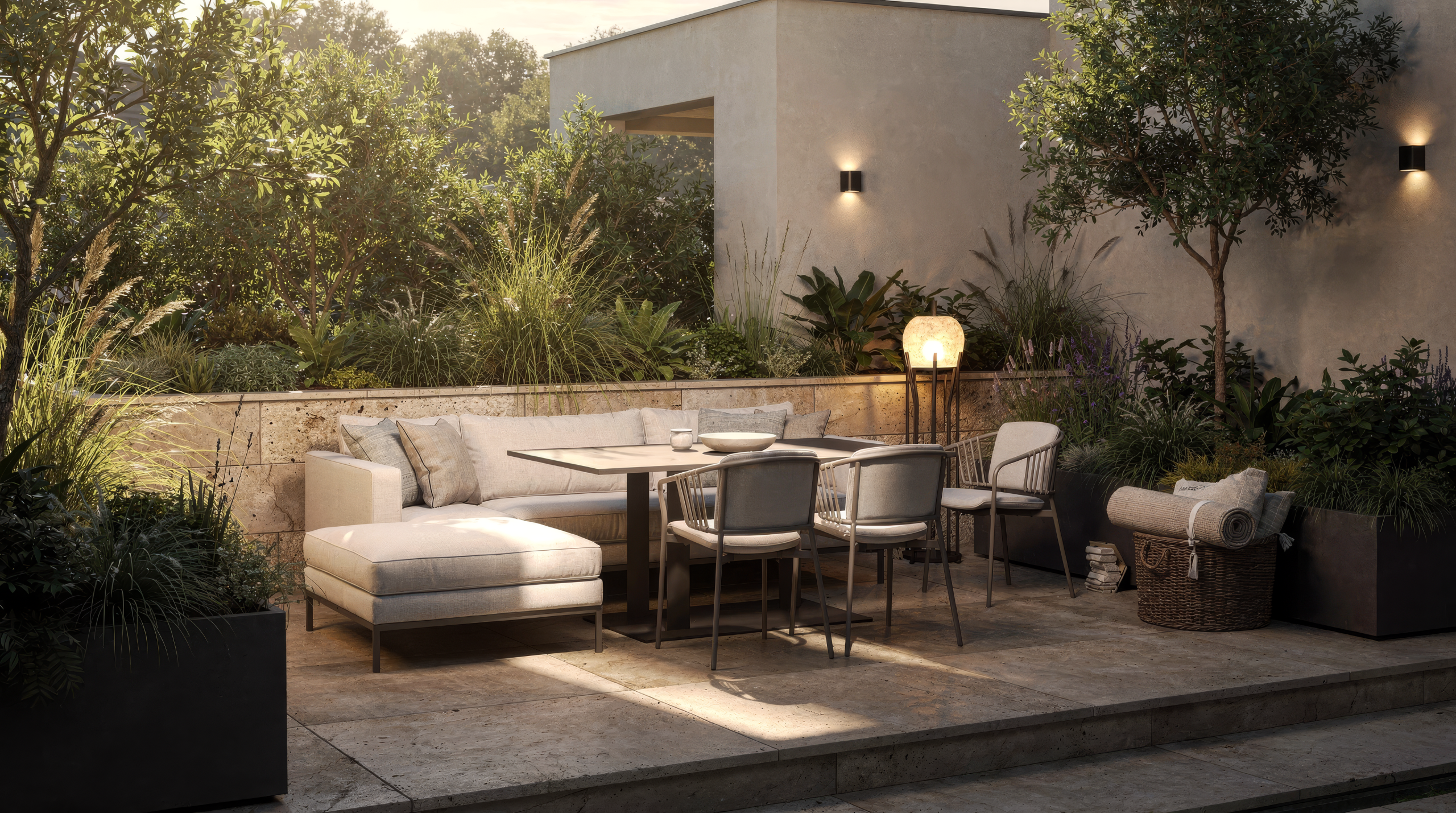 An attractive residential patio shows hard glare across the seating, wind-shifted cushions, undersized weather storage, a squeezed circulation path, pale exposed upholstery and decorative lighting that misses the step and route.
