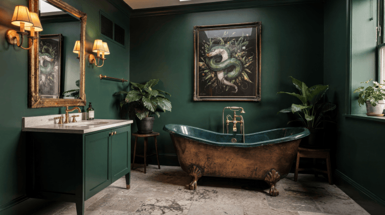 A deep green bathroom with an aged-copper clawfoot tub, warm brass fittings, statement artwork, a gilded mirror, layered lighting, plants, and practical storage arranged around a clear circulation path.