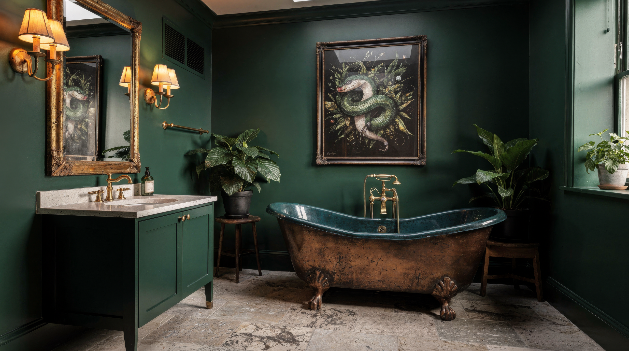 A deep green bathroom with an aged-copper clawfoot tub, warm brass fittings, statement artwork, a gilded mirror, layered lighting, plants, and practical storage arranged around a clear circulation path.