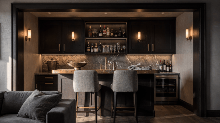 A compact residential home bar has a clear pour surface, integrated storage, an orderly backbar, layered task and ambient lighting, two conversation stools and a defined edge from the adjacent room while the working side and circulation remain clear.