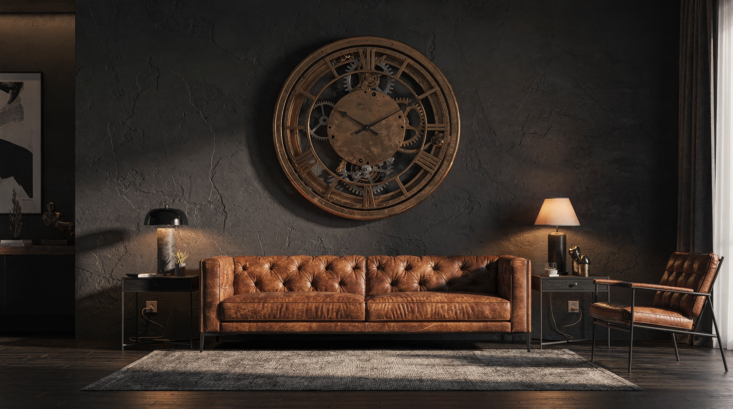 A moody residential lounge organized around one monumental bronze-toned wall clock above a low cognac sofa, with restrained furniture and warm grazing light keeping the clock as the dominant hierarchy piece.