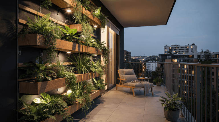 A narrow urban balcony with a staggered timber vertical garden on a charcoal wall, dense layered foliage and trailing plants, small warm lights, and an open railing preserving the distant city view.