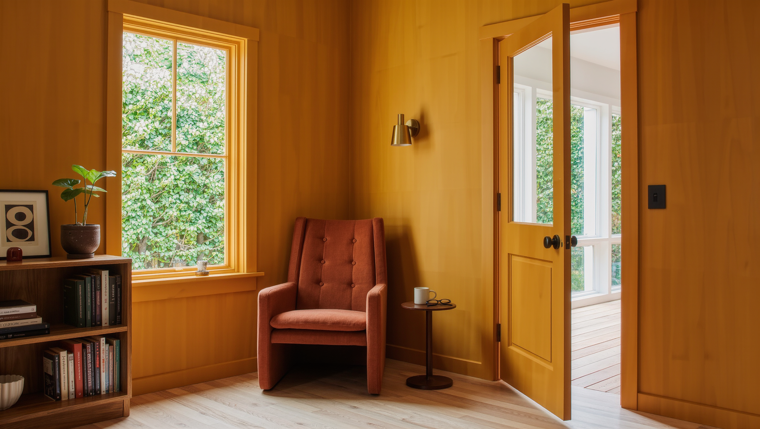 A bright ochre-toned room corner with a half-open door, its swing arc kept clear on pale oak flooring, beside a rust reading chair and bookshelf.