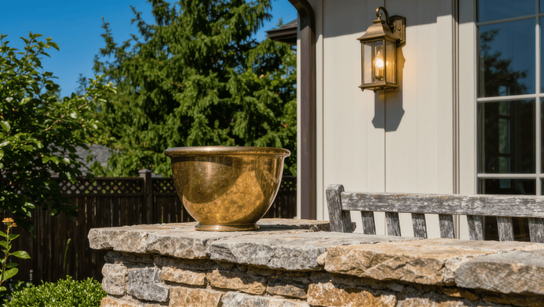 Rough stone beside a smooth brass planter and weathered wood bench outdoors