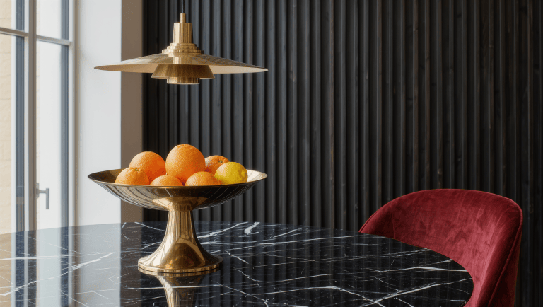 A round black-marble dining table on a single sculptural brass pedestal base, with one chair pulled back to show ample circulation space.