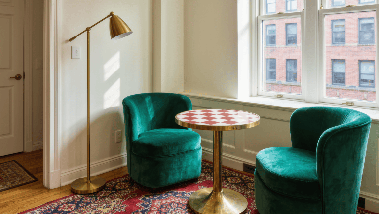 A round brass game table with emerald chairs and a patterned rug