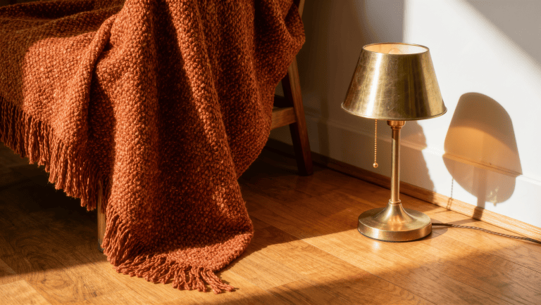 A rust woven throw echoing the tone of an existing orange oak rental floor