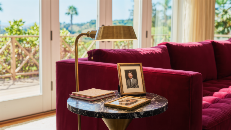 A sapphire velvet sofa arm meeting a brass and smoked glass cocktail table over a patterned rug