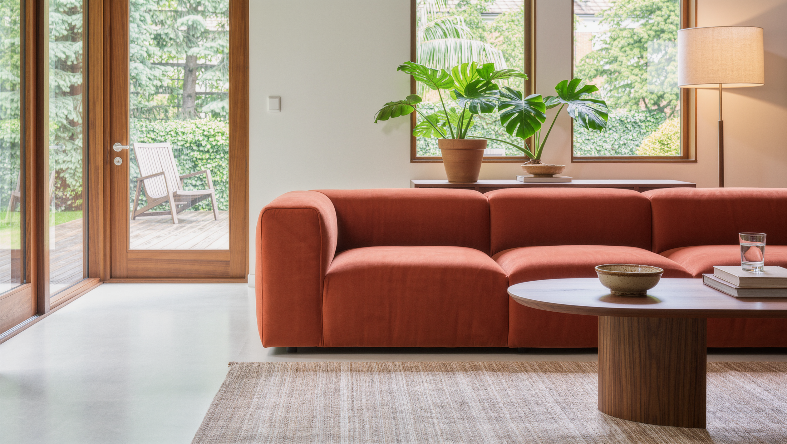 A daylit living room with a terracotta sofa, walnut coffee table an easy stride away, and a wide open walking lane of pale floor.