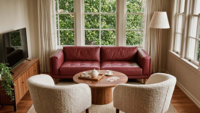 A living room arranged for conversation with an oxblood leather sofa and cream armchairs facing each other, the television demoted to an off-axis credenza.