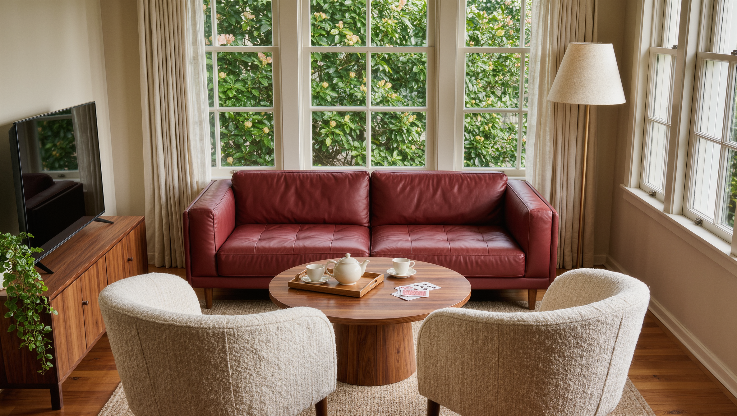 A living room arranged for conversation with an oxblood leather sofa and cream armchairs facing each other, the television demoted to an off-axis credenza.