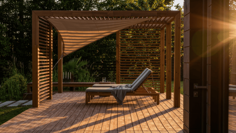 Wooden patio in late afternoon with pergola slats and a canvas shade sail casting long striped shadows over a lounge chair placed in the shade.