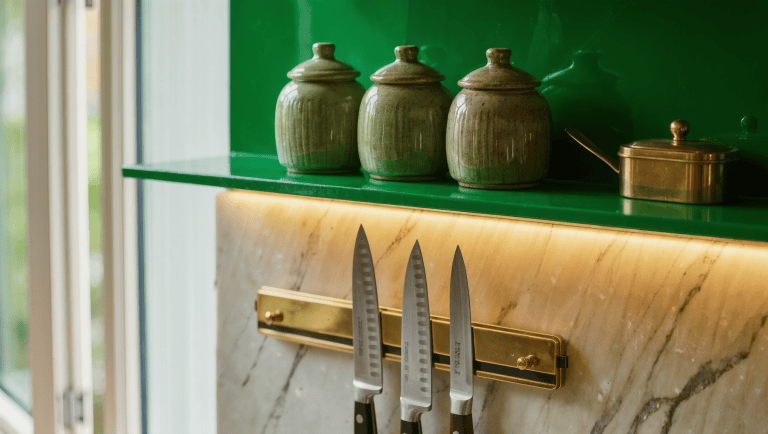 A shallow lacquered emerald floating kitchen shelf with spice jars above a brass magnetic knife strip and an uncluttered marble counter.