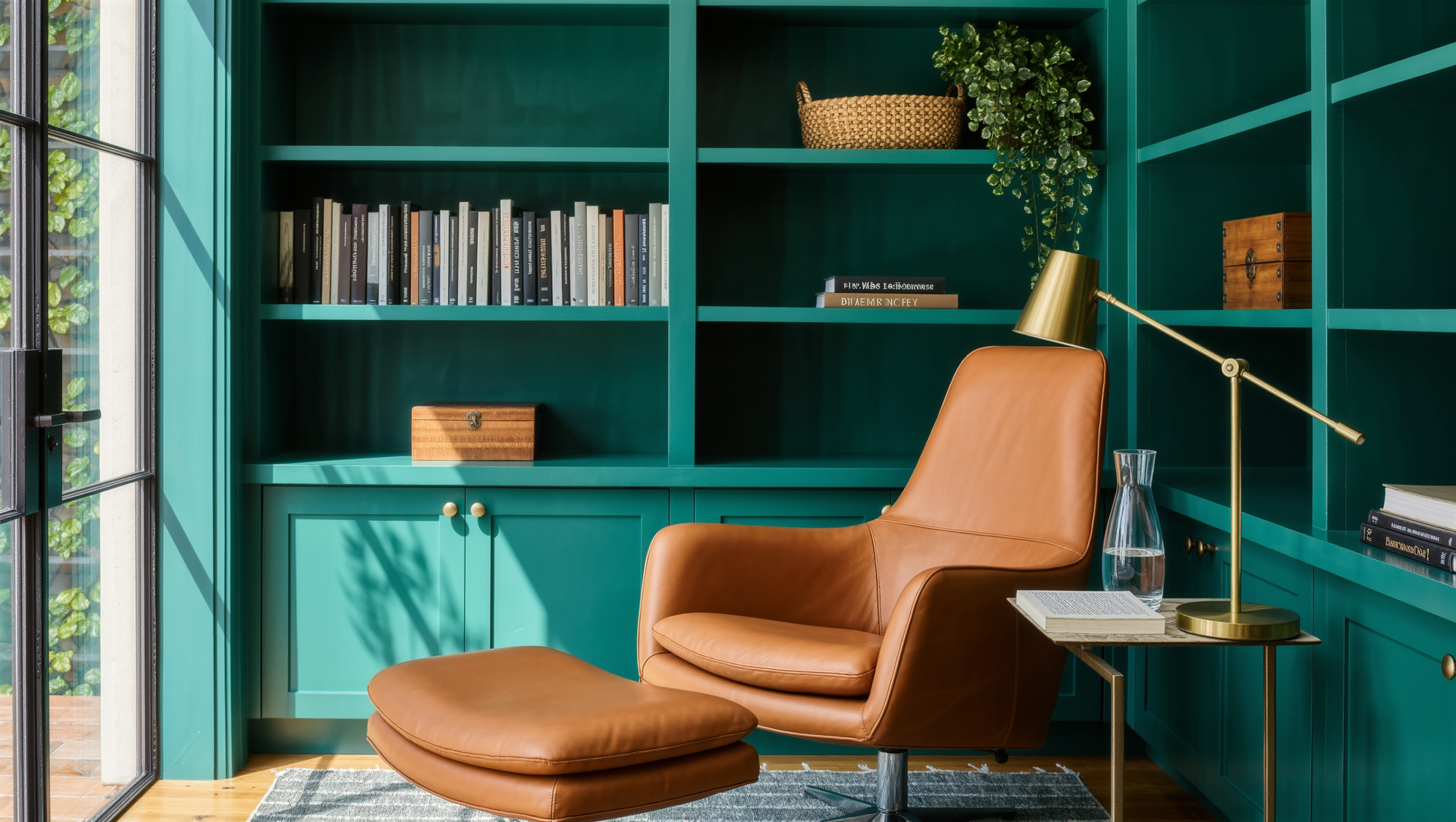 A den with teal built-in bookshelves holding working objects, a caramel leather reading chair, and bright daylight from a tall window.
