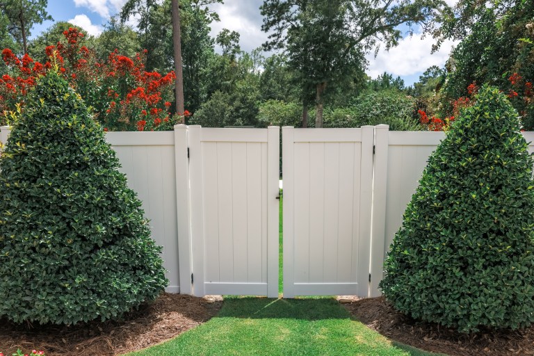 A crisp white gate flanked by neatly sculpted topiary opens a narrow side-yard passage bordered by mulched beds and climbing blooms.