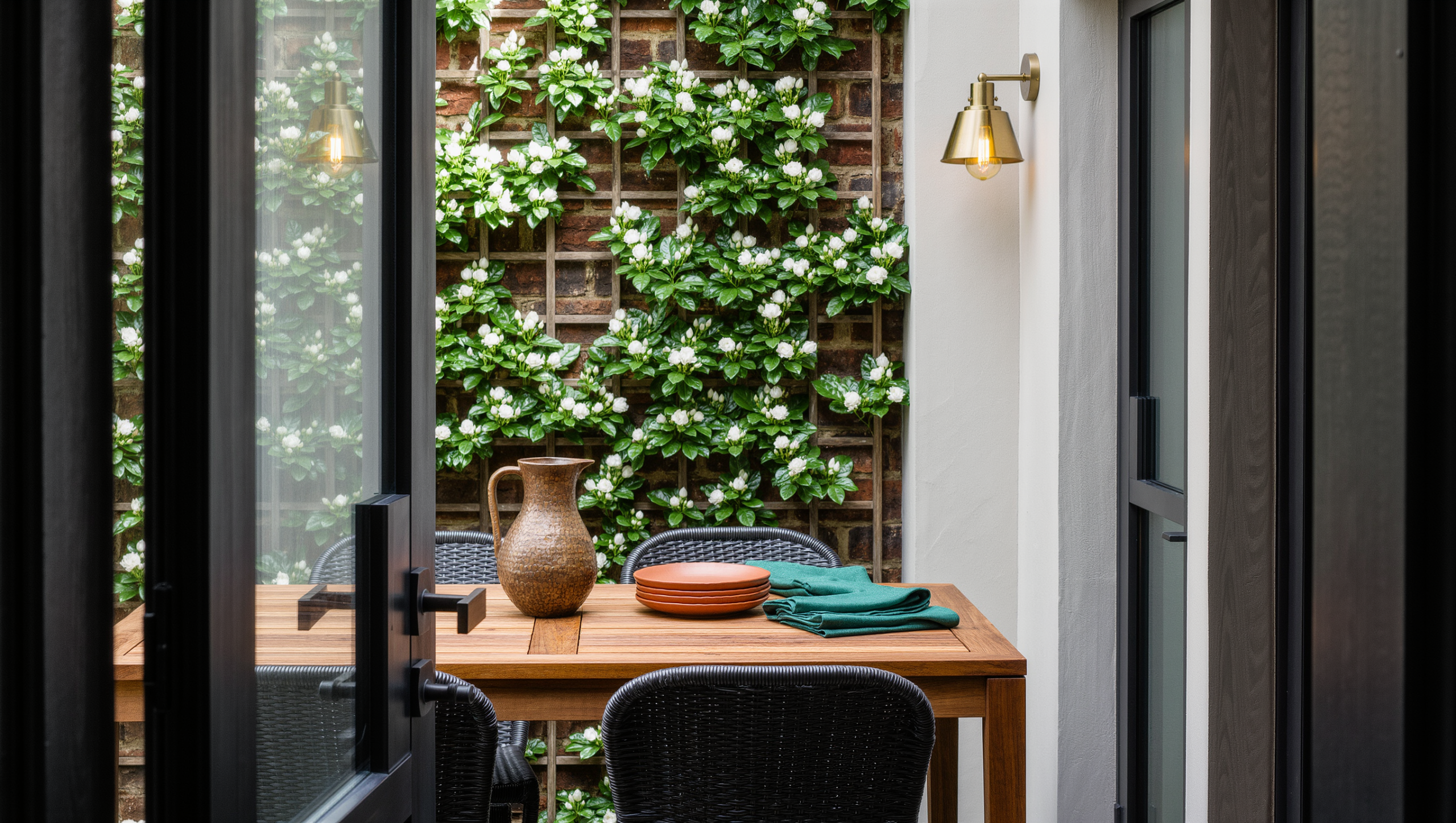A narrow side-yard teak table set for supper with rattan chairs and a ceramic pitcher.