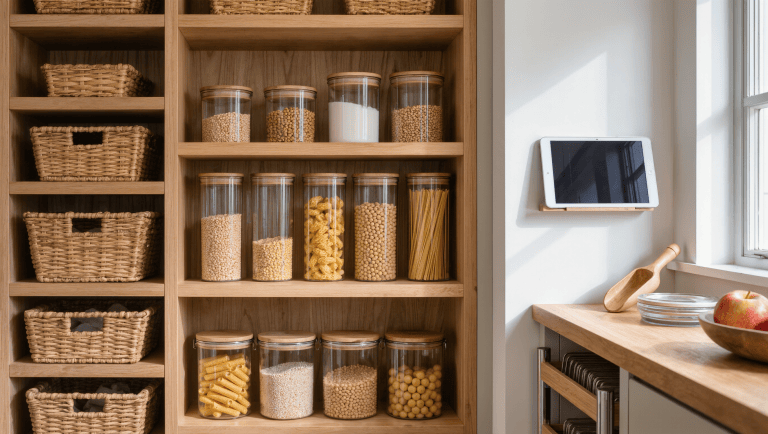 A daylight pantry of matching glass canisters and graduated baskets on oak shelves, with a small dark-screened tablet mounted at the side.