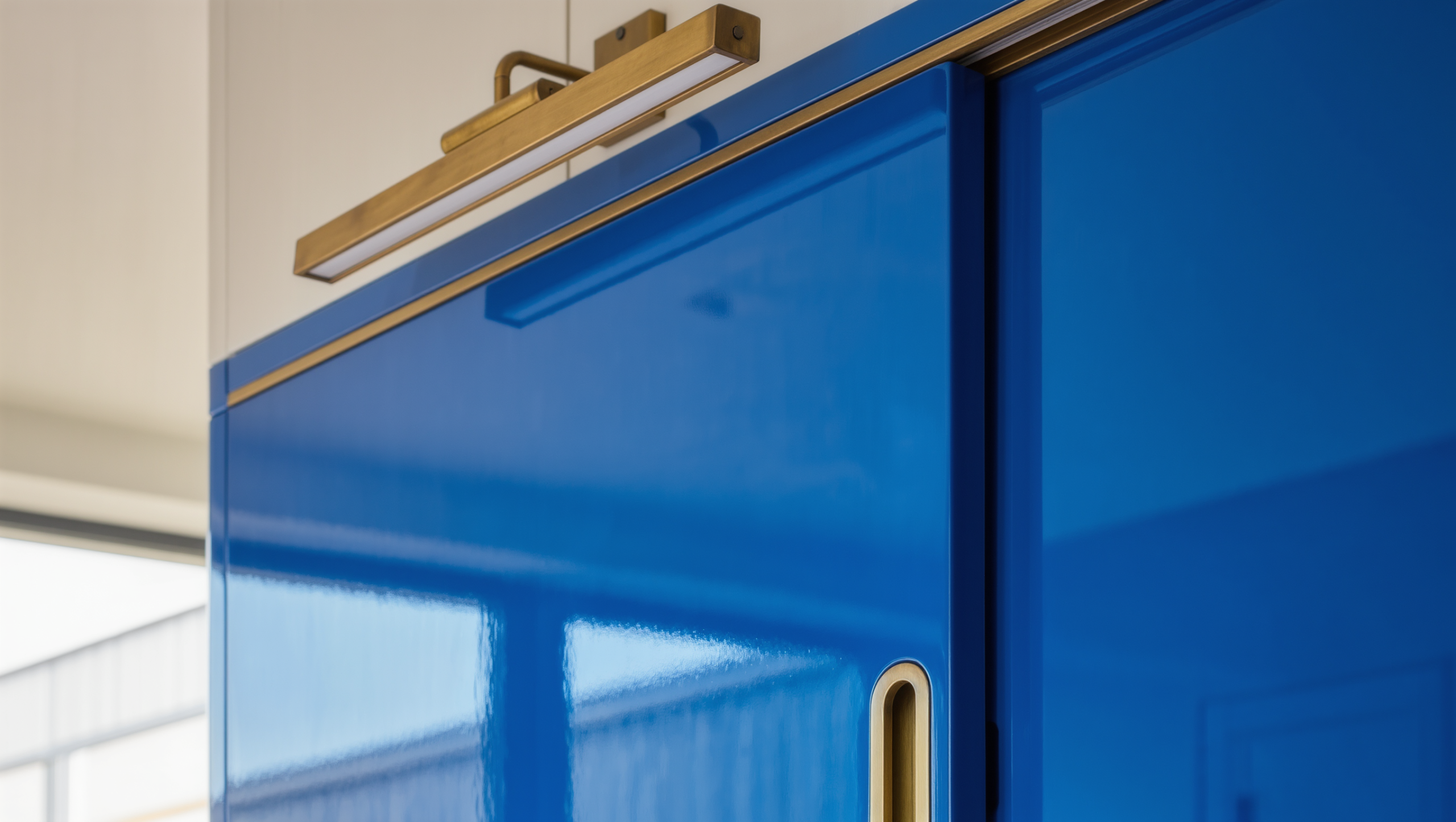 A glossy cobalt lacquer sliding cabinet panel closed with a brass track and pull