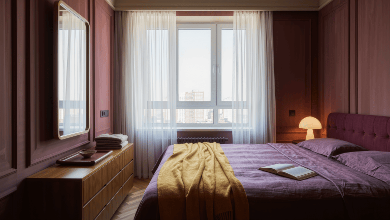 A compact bedroom with a plum linen bed and a slim walnut console at its foot holding folded sweaters and a tray.