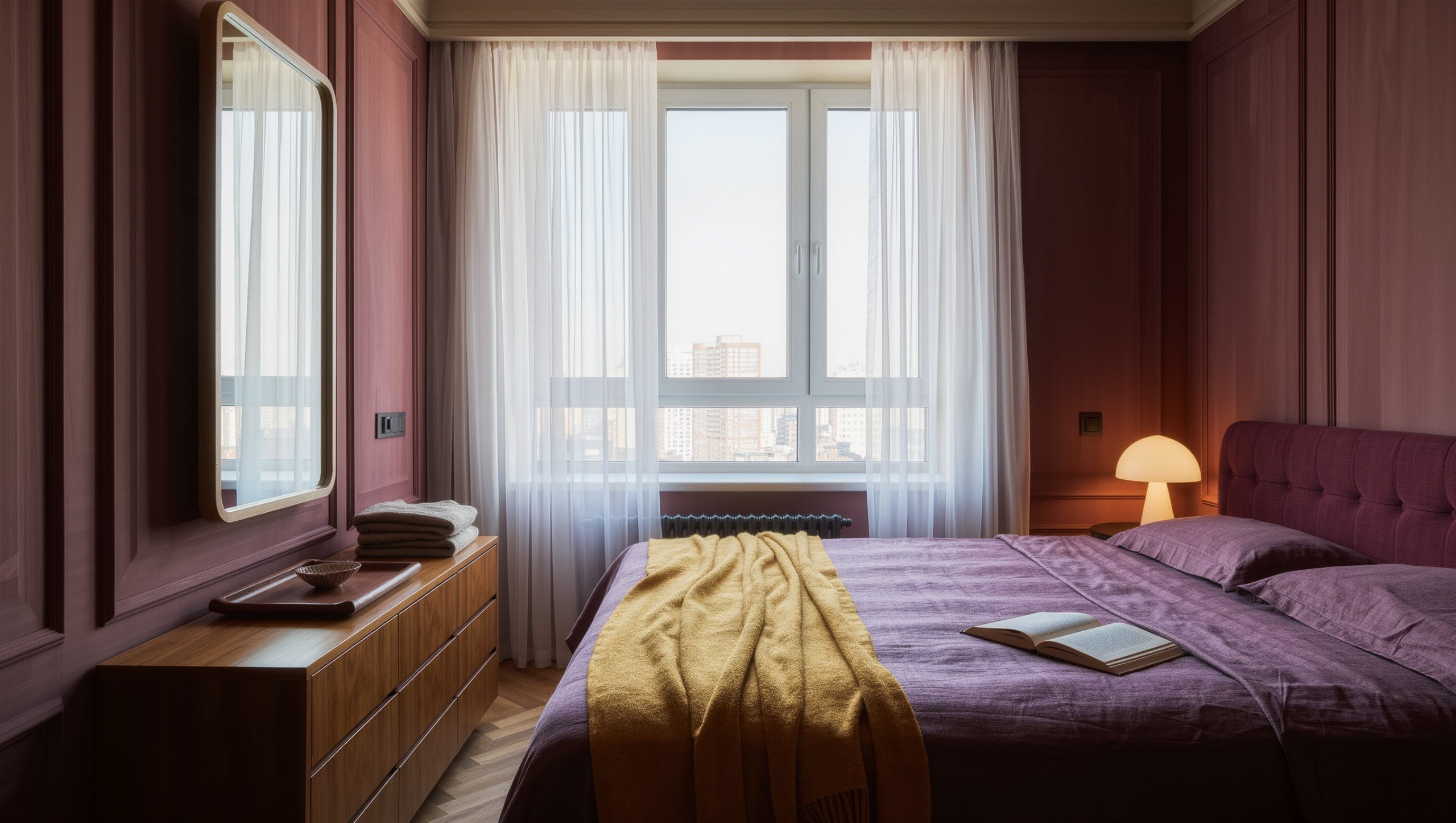A compact bedroom with a plum linen bed and a slim walnut console at its foot holding folded sweaters and a tray.