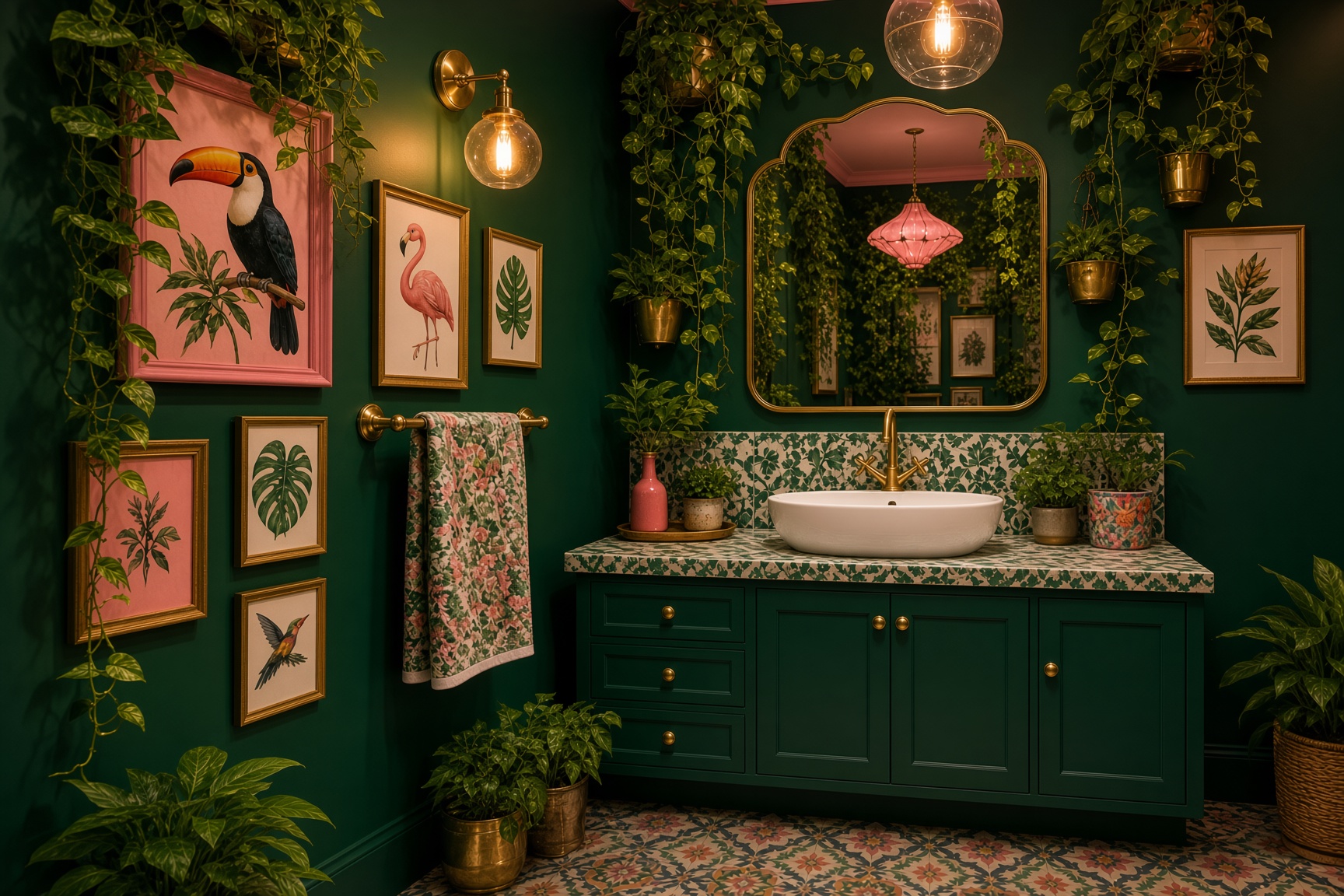 Small biophilic bathroom with greenery and natural materials