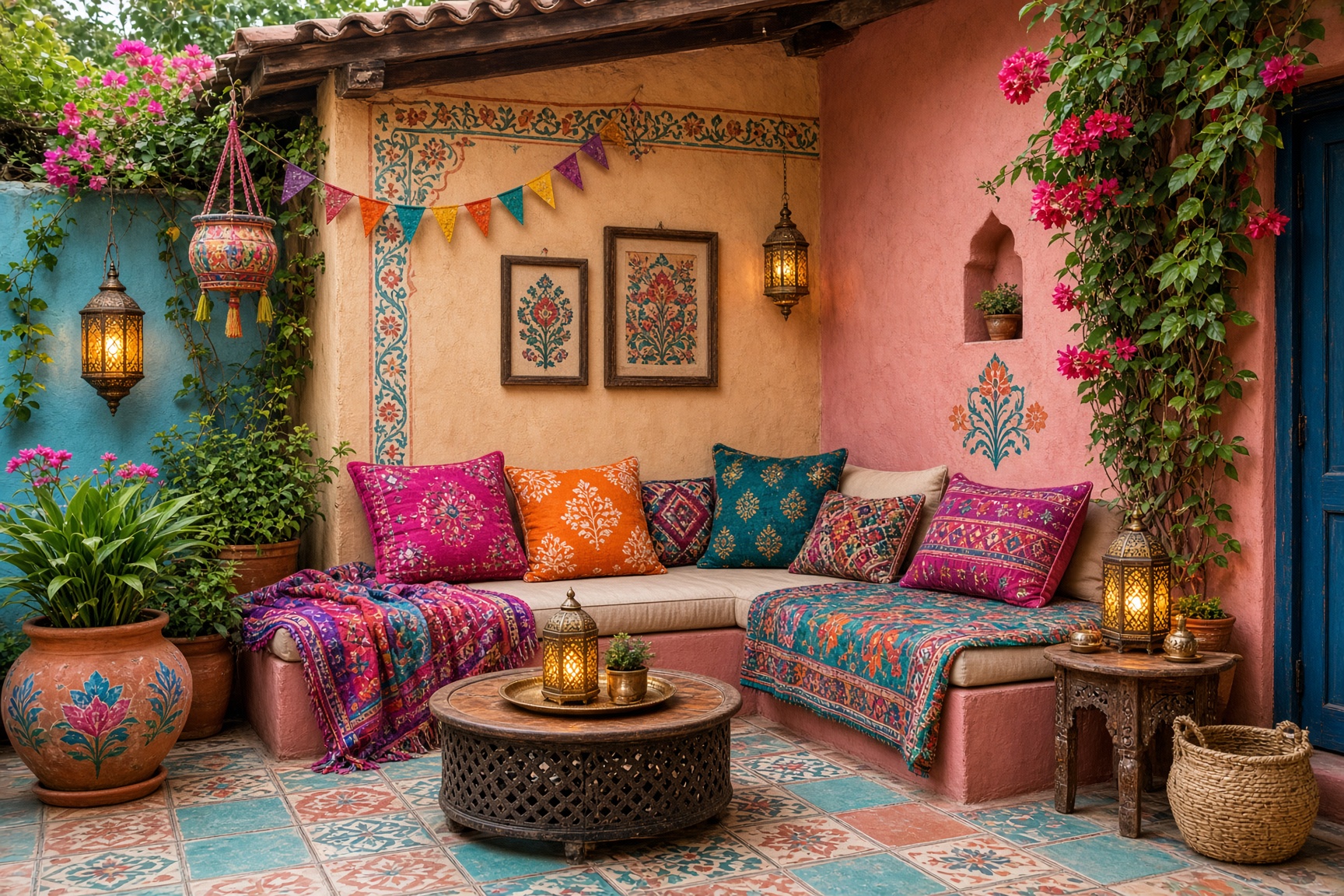 Small Indian-inspired outdoor lounge with layered seating