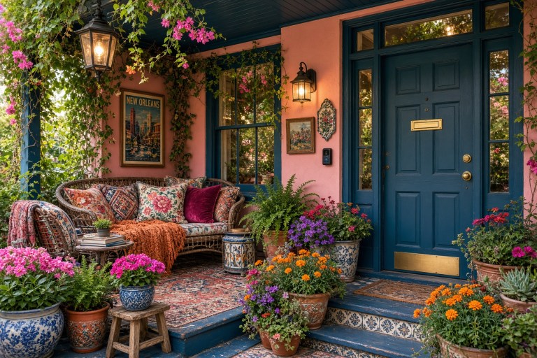 Small front porch arranged as an outdoor living space
