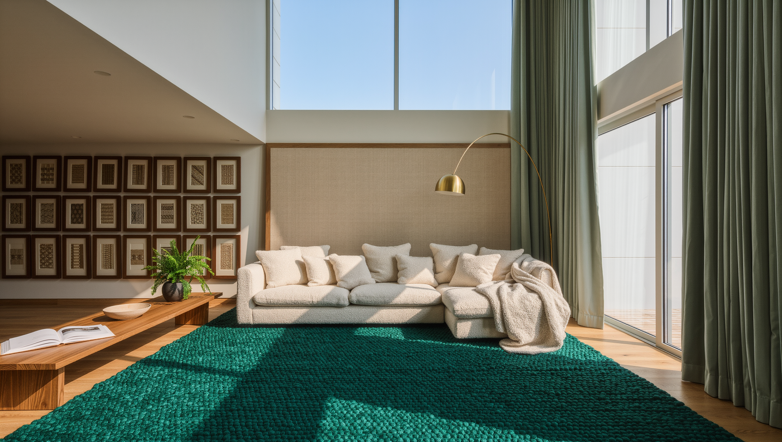 A double-height living room with a large wool rug, sage velvet curtains, and a cream boucle sofa arranged to soften echo.