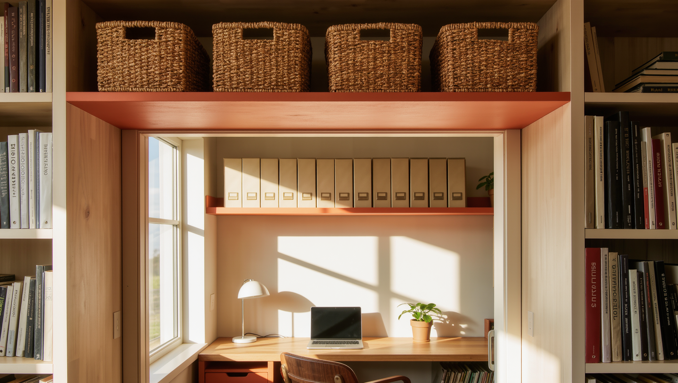 A terracotta shelf mounted above a home office doorway holding matched woven baskets and cream archive boxes.