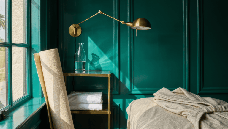 A jewel-toned stretch corner with a rolled mat and towel ready on an open shelf
