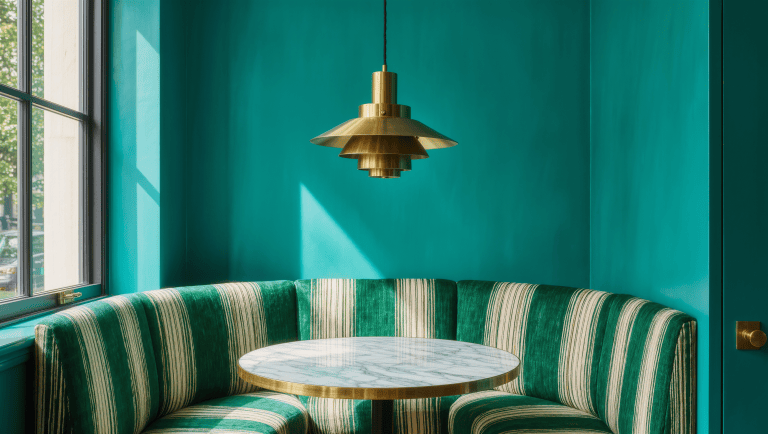 A small striped banquette nook lit by a statement brass pendant light.