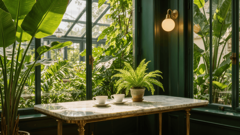 A marble bistro table with brass legs and porcelain cups in warm morning sunroom light.