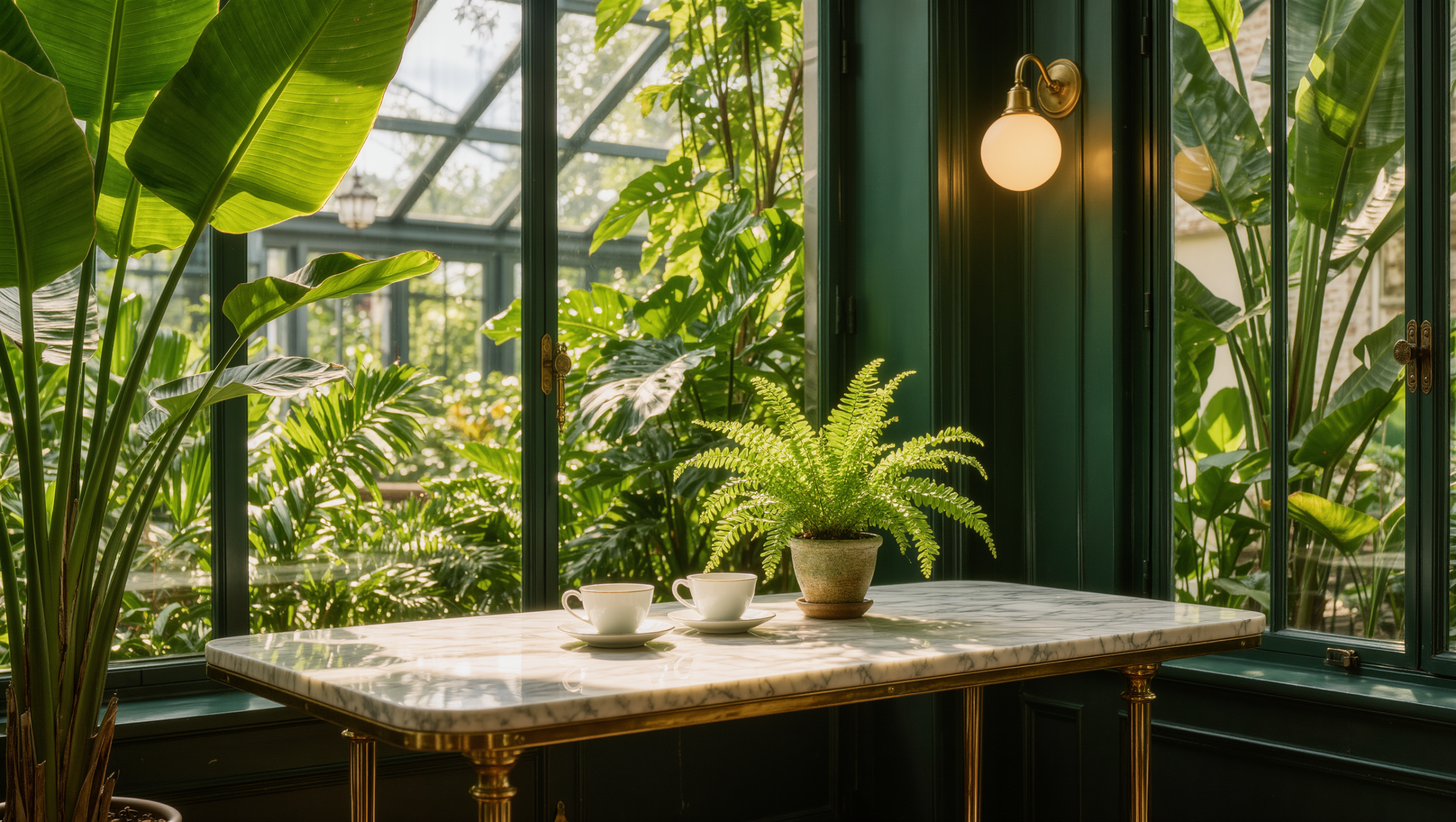 A marble bistro table with brass legs and porcelain cups in warm morning sunroom light.