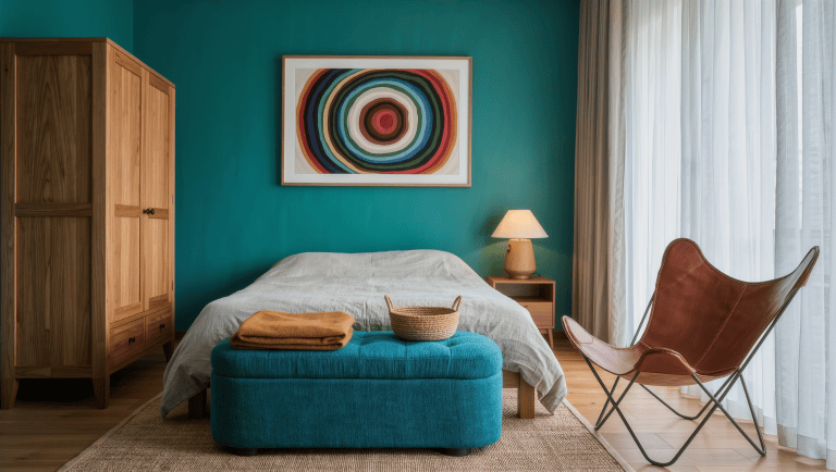 A bright renter's bedroom with a solid oak wardrobe, a peacock blue bench, and a leather butterfly chair in soft midday light.
