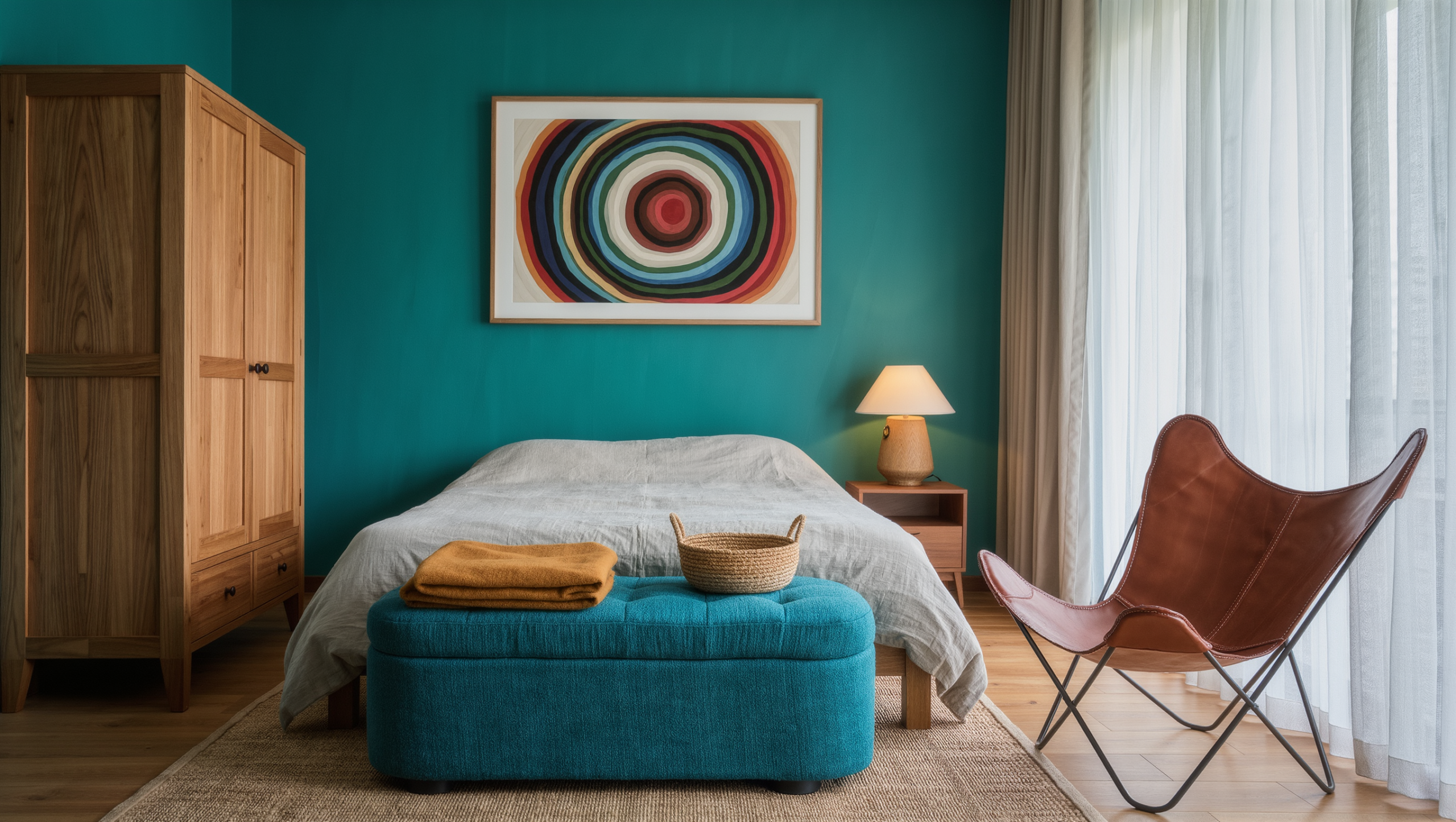 A bright renter's bedroom with a solid oak wardrobe, a peacock blue bench, and a leather butterfly chair in soft midday light.