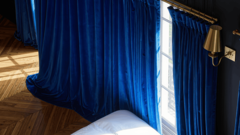 Floor-to-ceiling sapphire velvet curtains hung high above an off-center window