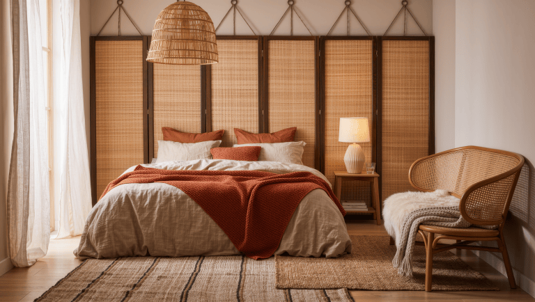 A rental bedroom layered with woven jute wall panels, chunky knit and linen bedding, sheepskin, and flatweave rugs in soft daylight.