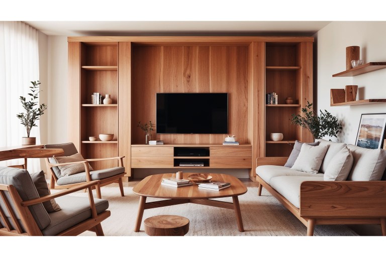 A wall-mounted television is framed by a warm walnut built-in media wall with open display shelving, flanked by a sofa and a pair of woven armchairs.