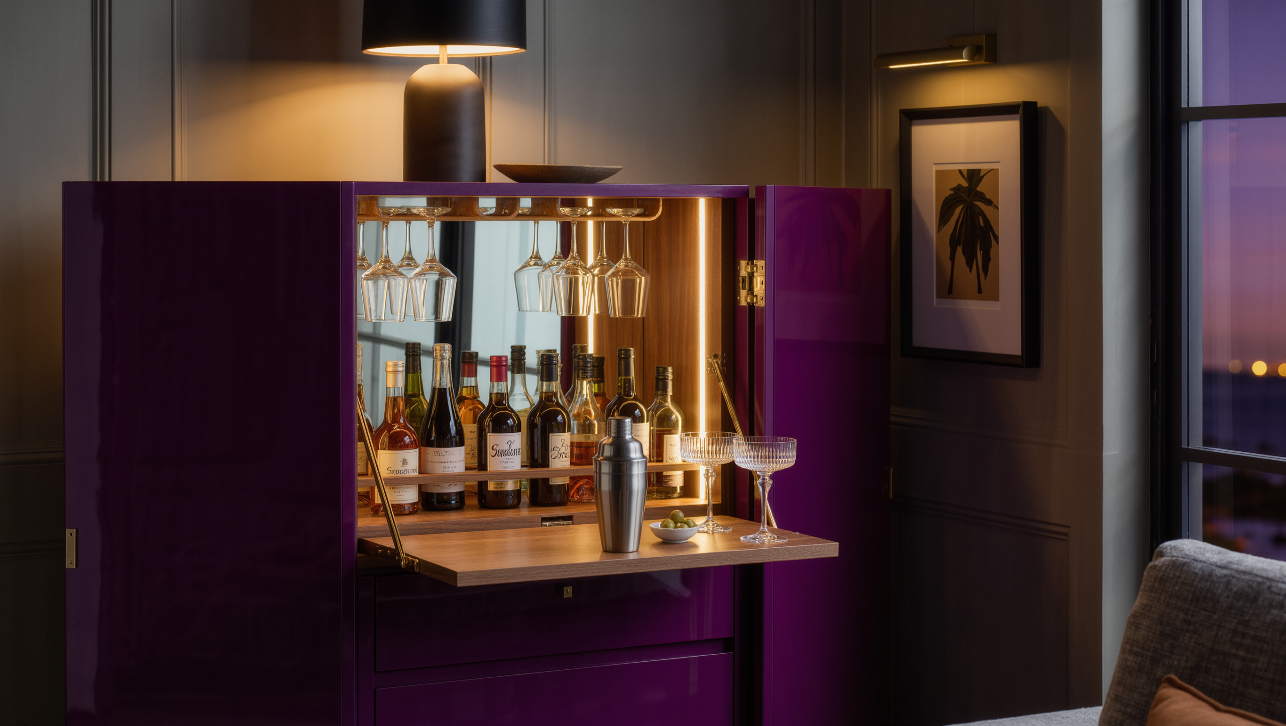 A plum lacquered bar cabinet with pocket doors open, its mirrored interior glowing from a concealed strip and a shelf extended with a shaker and coupes.