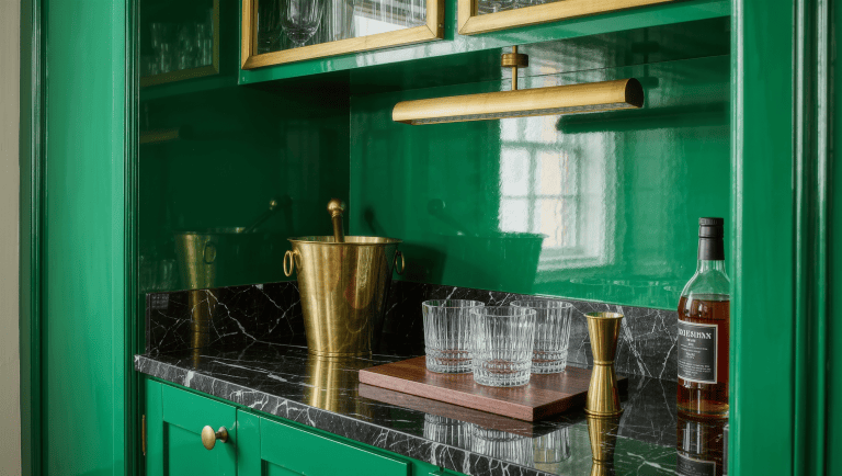 A dark marble bar surface holds crystal glassware, a brass ice bucket, and mixing tools.