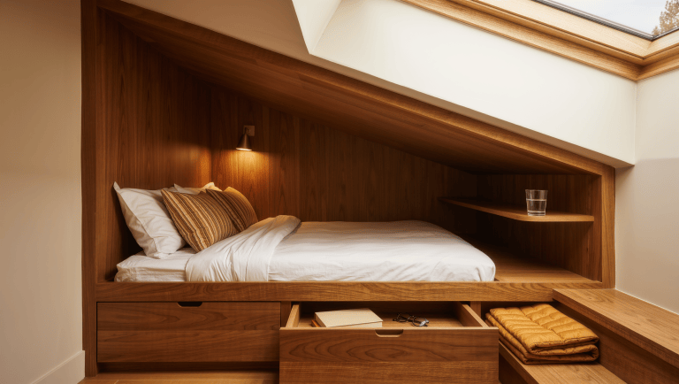 A small bedroom with an oak built-in sleeping alcove under a sloped ceiling, drawers below, and ochre striped bedding under a skylight.