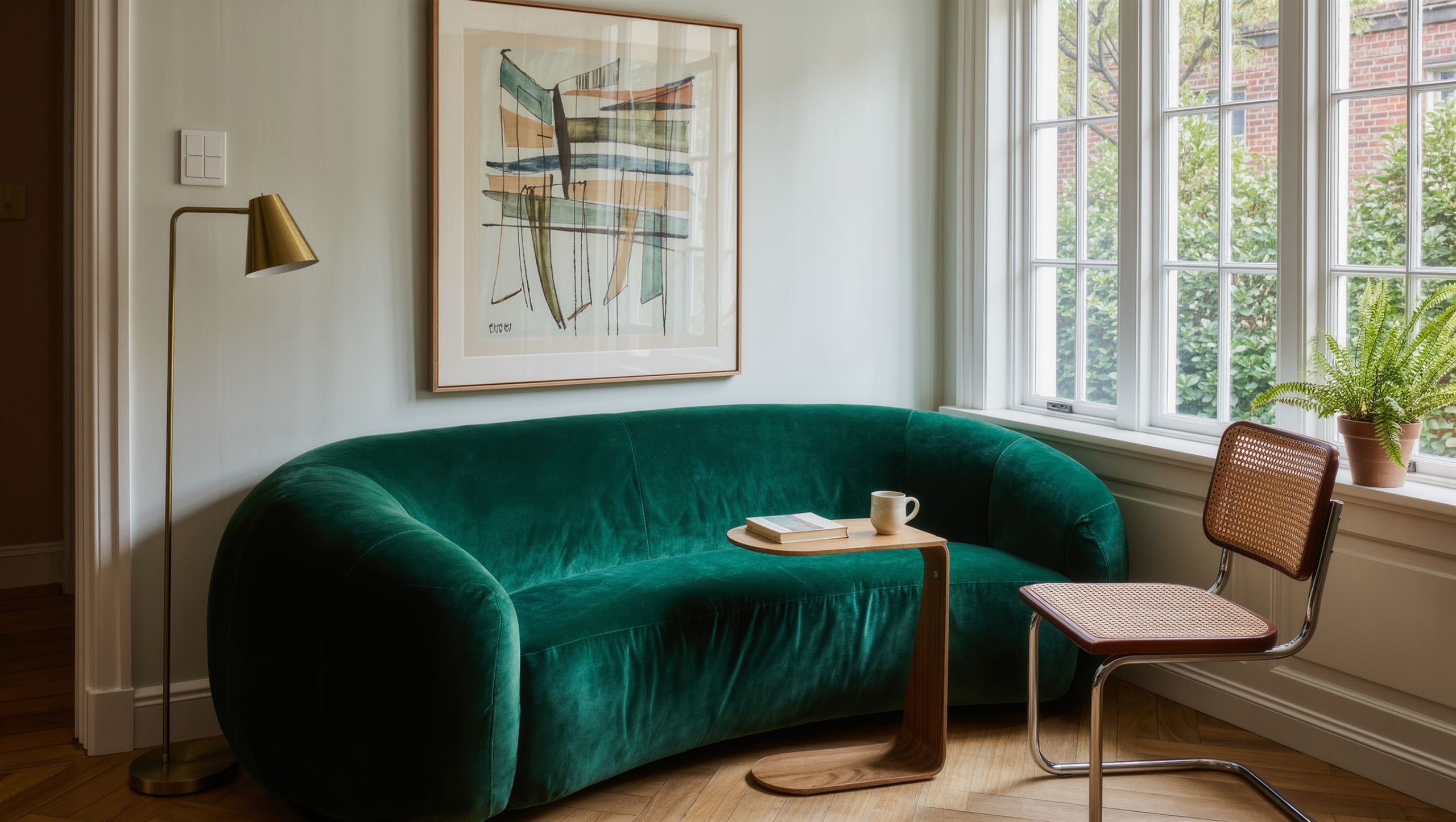 A small living room commanded by an oversized deep green sofa, balanced by a slim C-table, a leggy cane chair, and large airy abstract art.