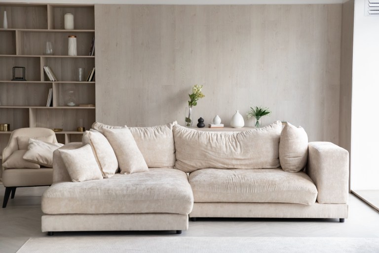 A built-in bookcase styled with books and objects rises beside a cream sofa, forming a soft visual edge between the living area and the space behind it.