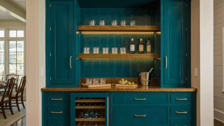 A sunlit dry bar alcove with teal cabinetry, a beverage fridge, open glassware shelves, and a full counter free for serving.