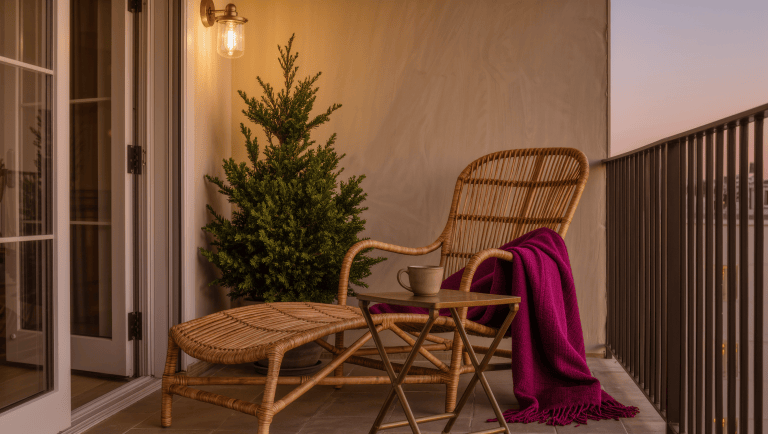 A single swivel armchair positioned between an outward garden view and an evening conversation group, photographed at dusk.