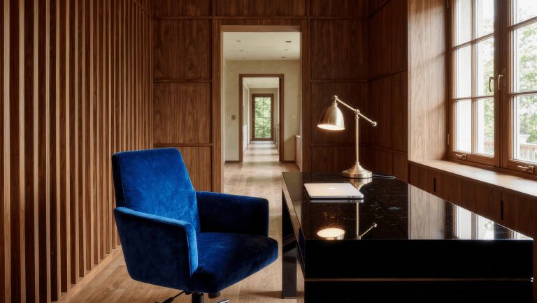 A sapphire velvet office chair sits pulled back with a clear path to the open doorway.