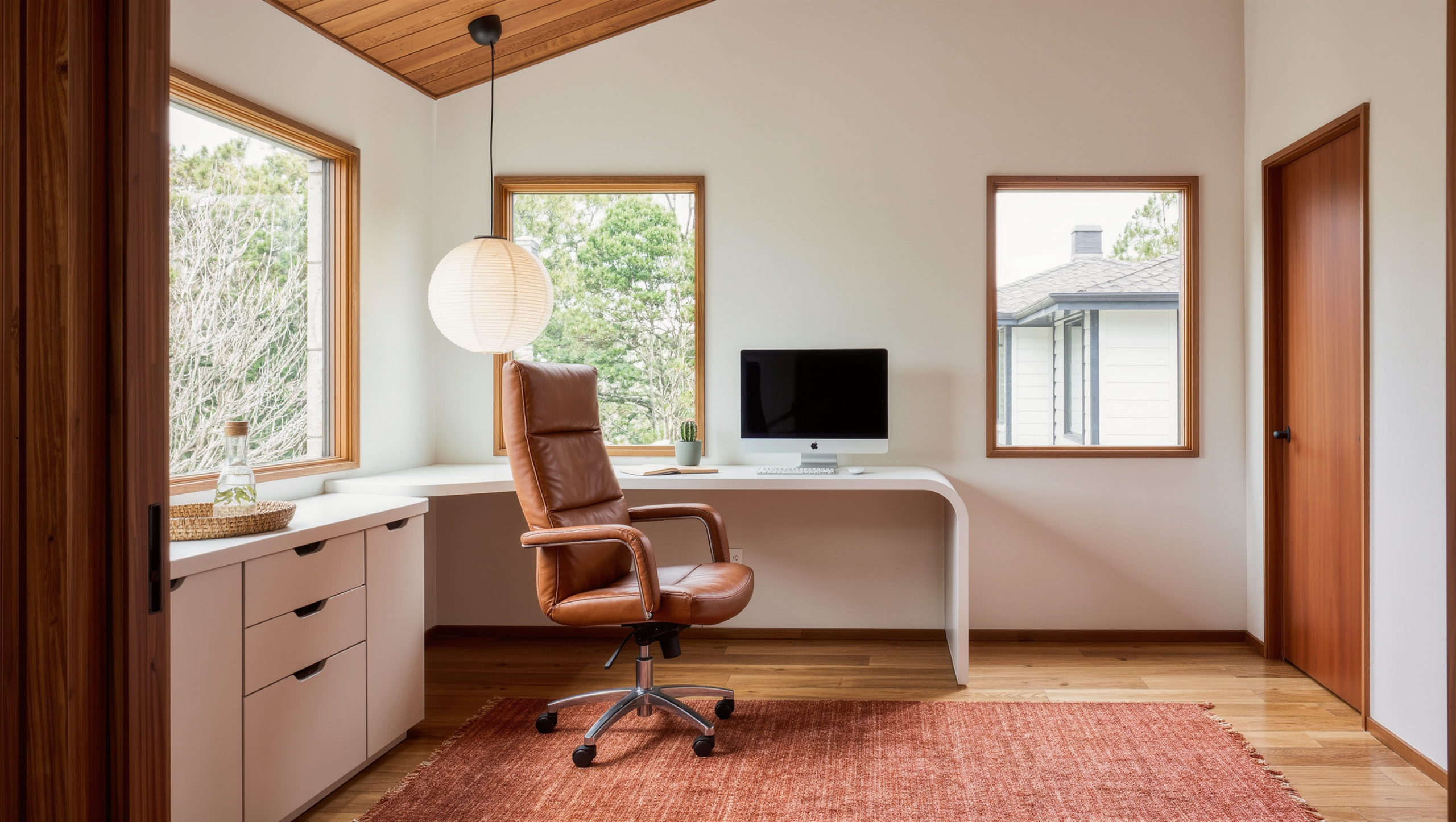 A bright home office showing the open floor space a cognac leather task chair needs around a curved white desk.