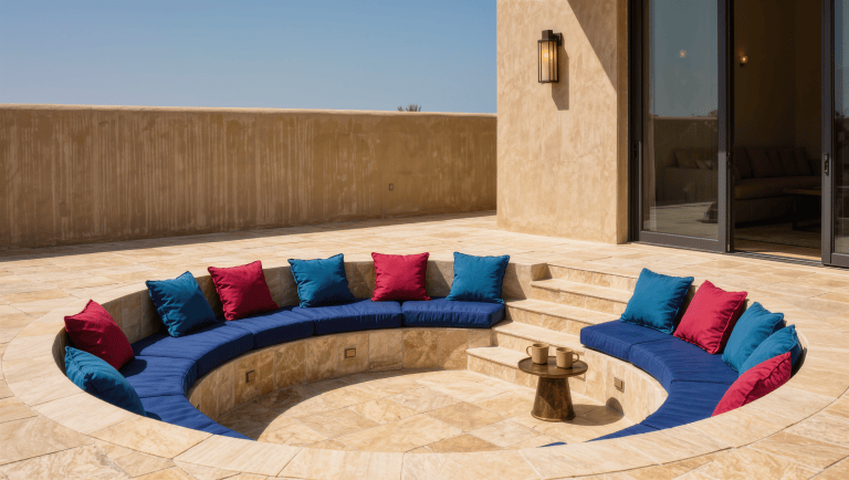 A shallow sunken patio conversation pit has a wide step edge marked by a change in paving.